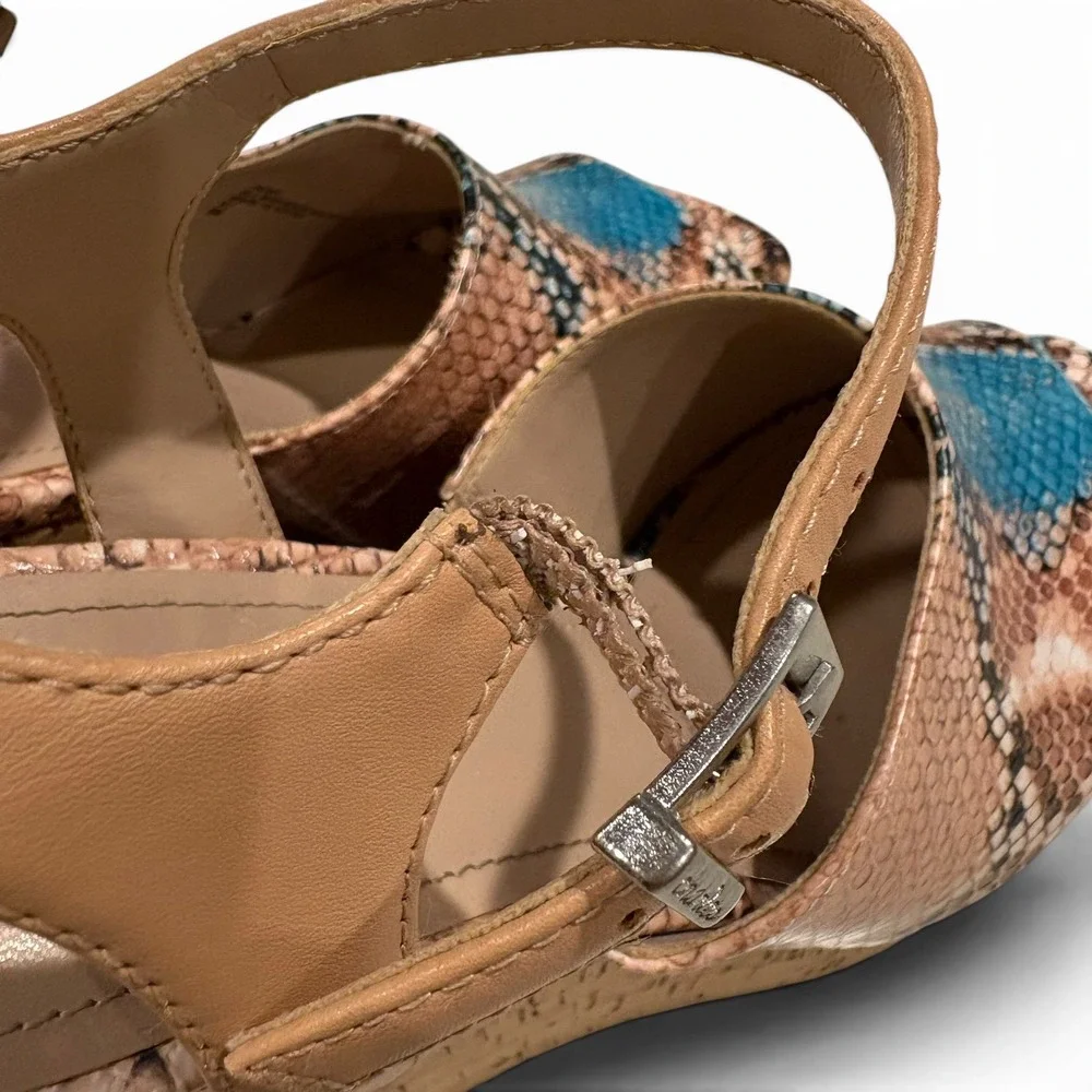 Charles by Charles David Snakeskin  Cork Wedge Sandals Turquoise/Tan Women's 8